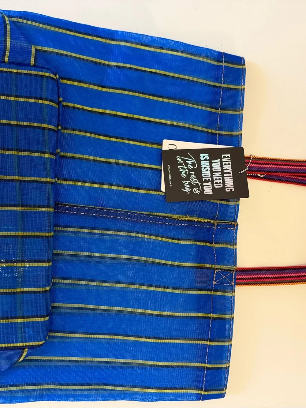 Consuela Blue Striped Tote with Multicolor Handles New with tags